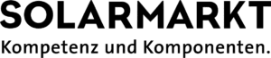 Schwarze Schrift auf Weiss: SOLARMARKT gross, darunter Kompetenz und Komponenten. PV-Schneestuetzsystem Meyer BlechTechnik AG.